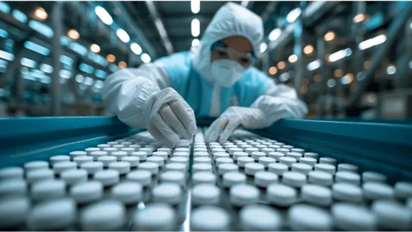 A person sorting through pills on an assembly line in pharma manufacturing