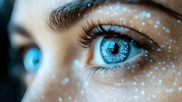 Close-up of a person's eyes with digital projections