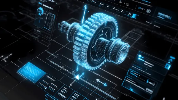 Blue digital 3D model of a manufacturing machine part