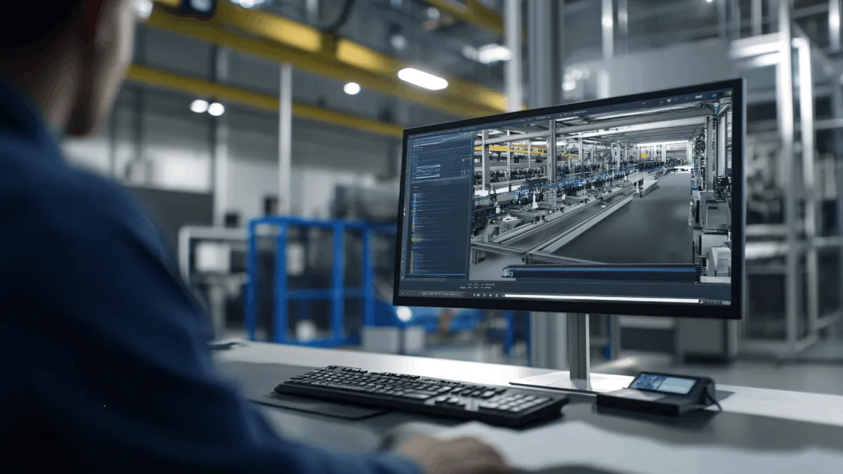 Engineer working on a computer featuring a digital manufacturing floor
