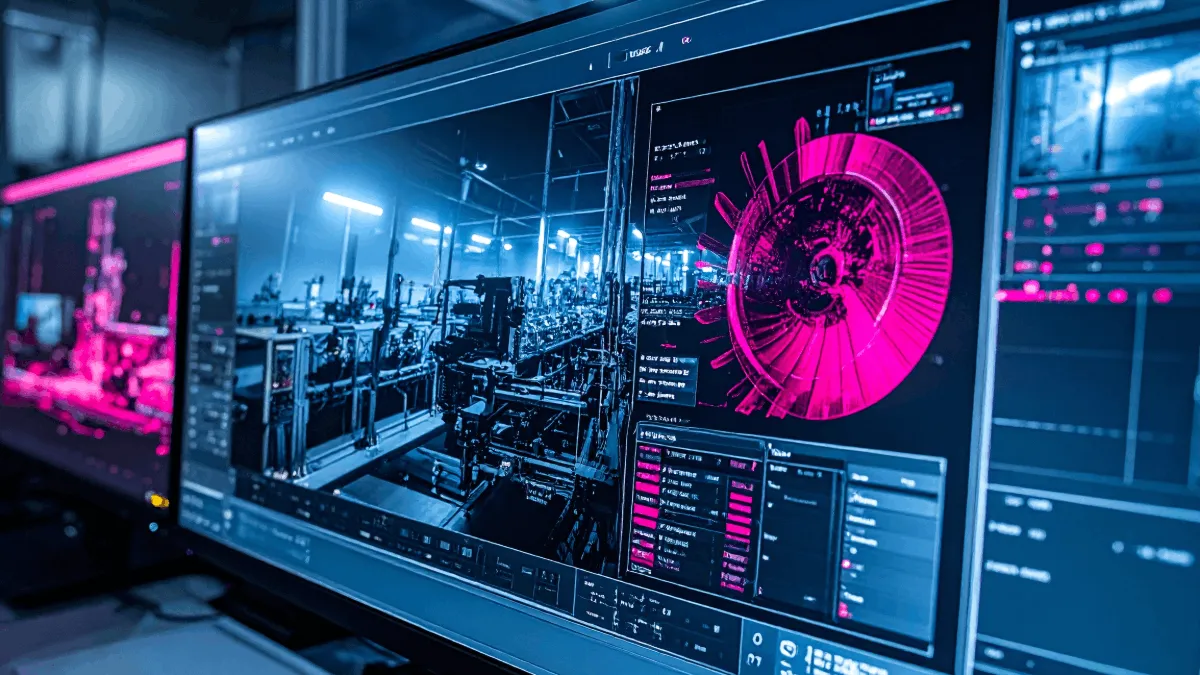 Computer screen featuring digital flow of products and analytics