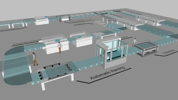 AnyLogic Simulation Software screen featuring a digital factory floor