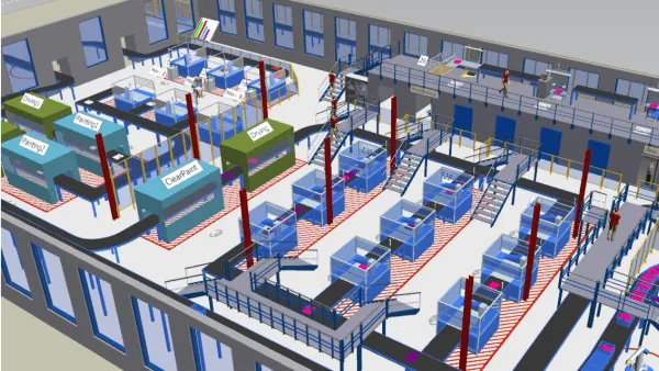Siemens Tecnomatix FactoryCAD screen featuring a factory floor with digital CAD products and assembly lines