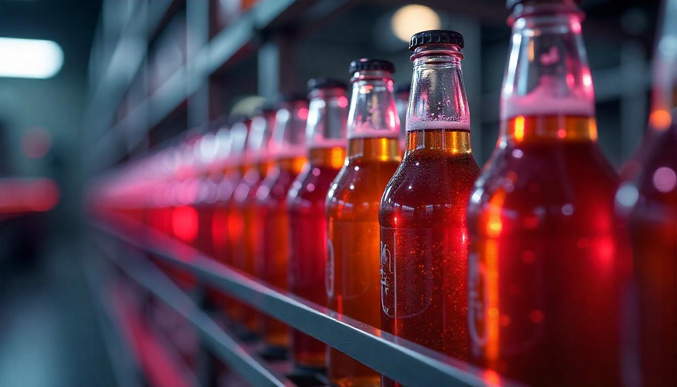Macro view of bottles on an assembly line being manufactured