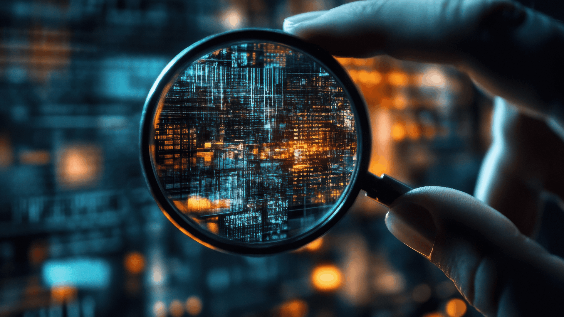 Person holding a magnifying glass that is held up to a computer showing analytical and simulation data