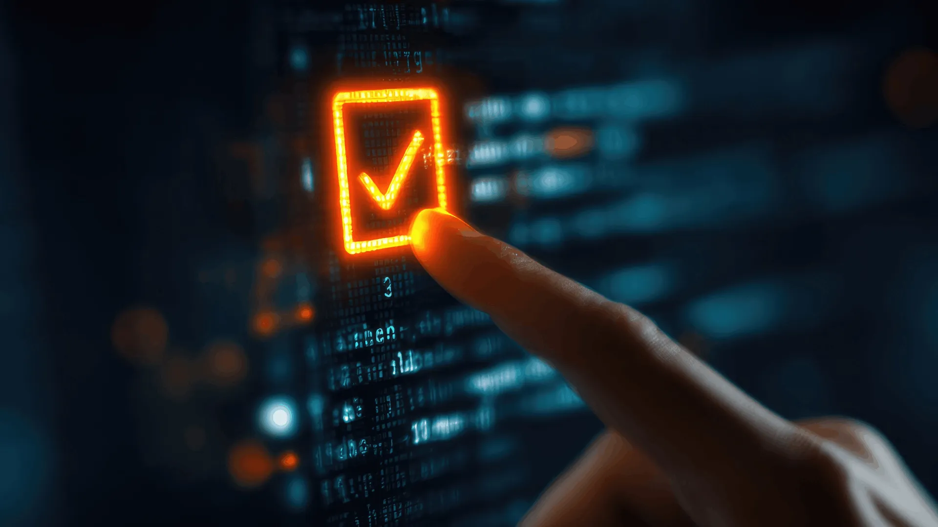 A person touching a digital screen with data and a check mark