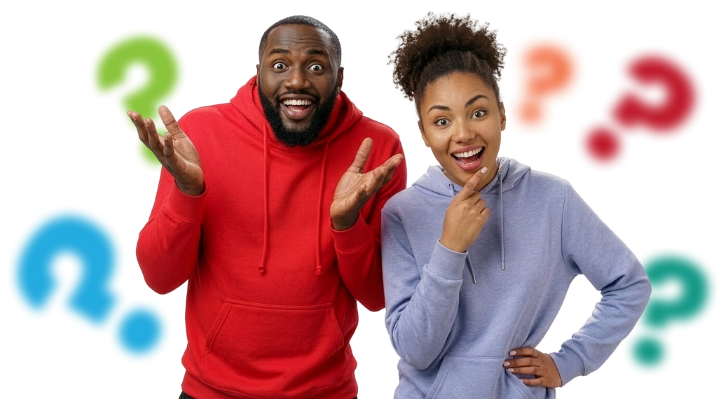 Smiling man in a red hoodie and woman in a lavender hoodie with colorful question marks around them expressing curiosity and surprise.