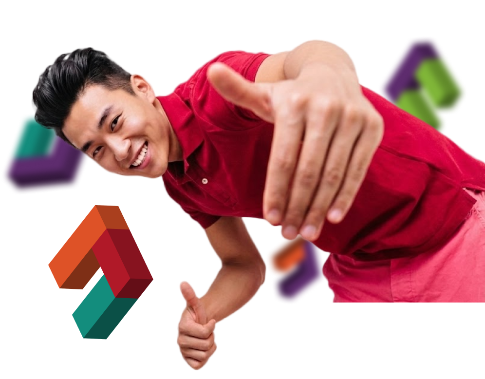 Smiling young man in a red shirt and pink pants giving thumbs up with colorful geometric shapes in the background.