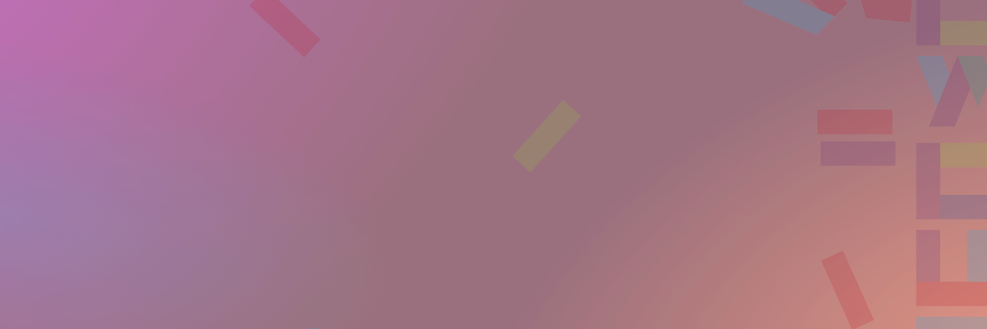 Abstract background with gradient from purple to dark red and scattered translucent rectangles in various colors.