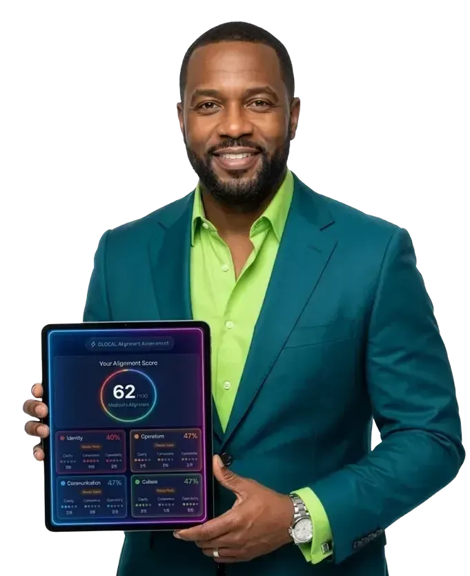 Five diverse people in colorful suits smiling and posing, one holding a tablet, another jumping with a paint palette.