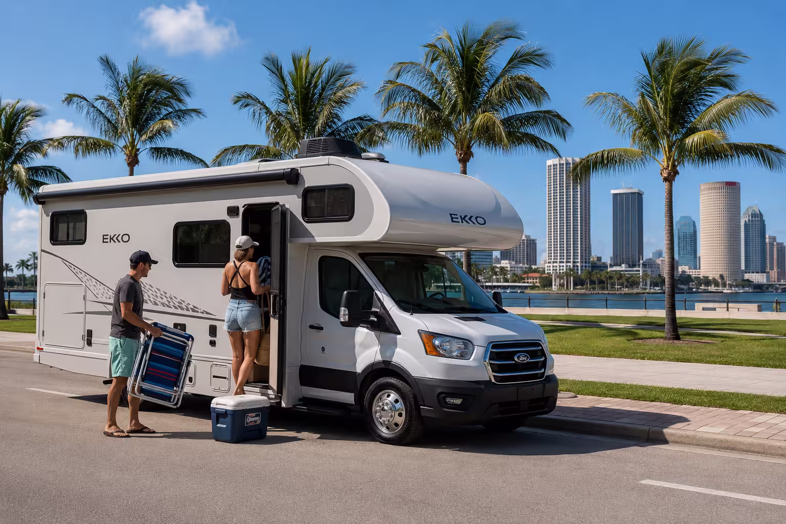 Small Class C RV rental parked in Tampa with downtown skyline