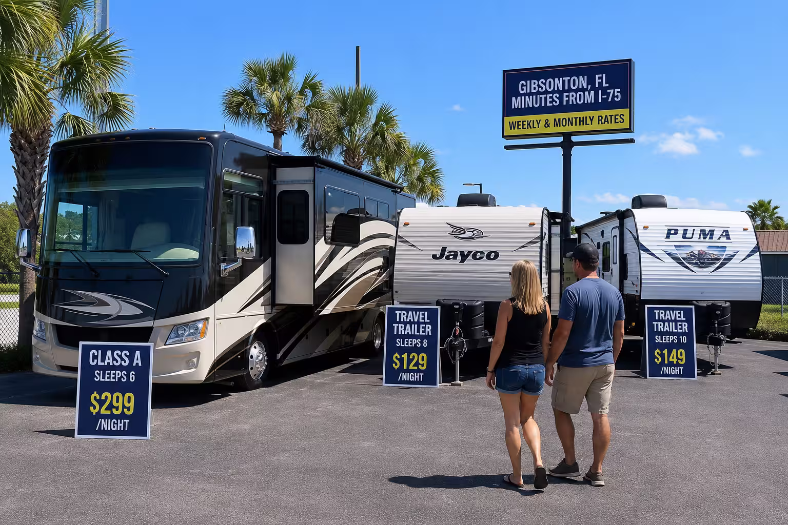 Tampa RV Rentals fleet lined up in Gibsonton, FL showing RV rental prices by type