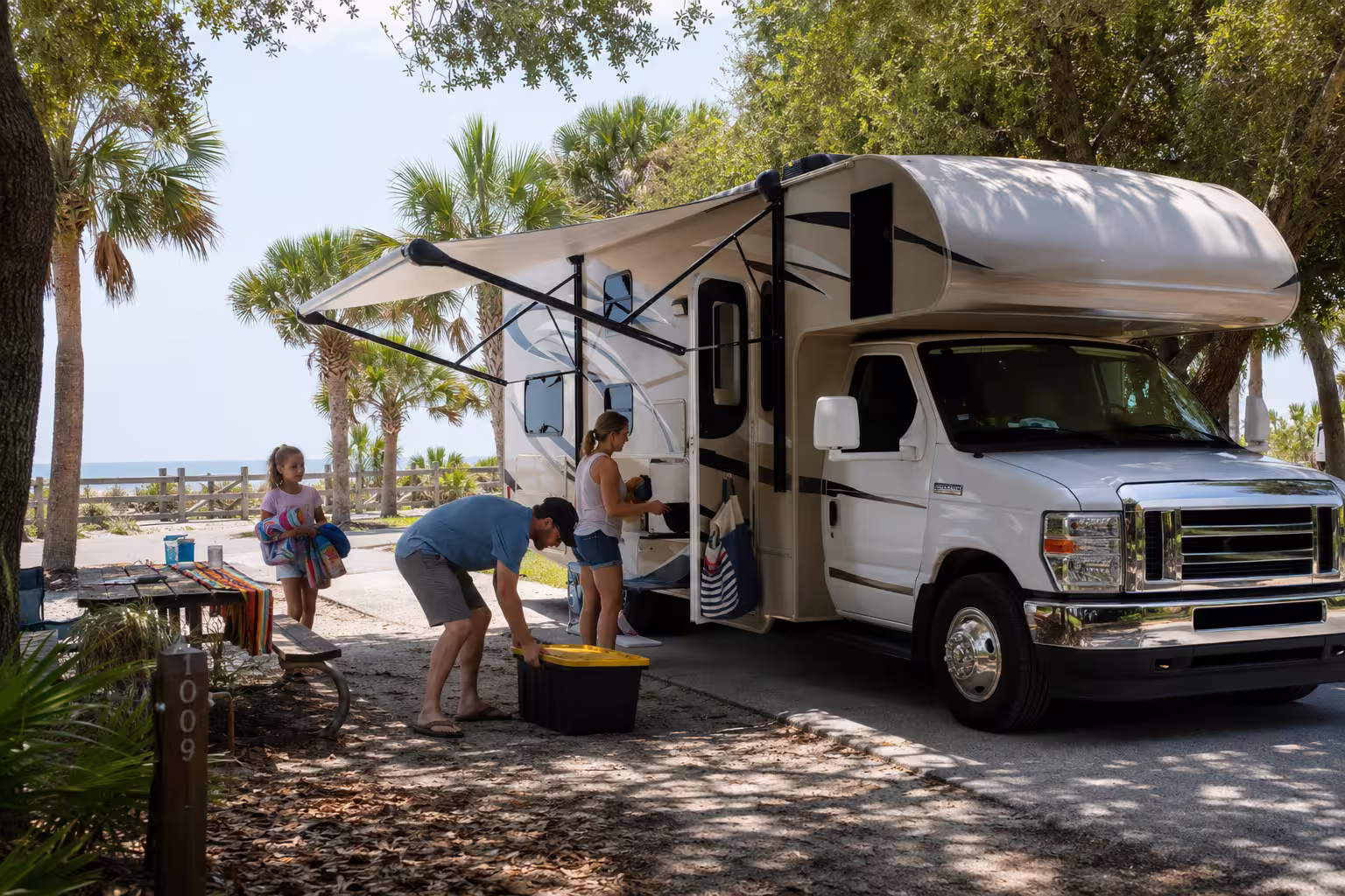 Class C motorhome rental parked at a Fort De Soto campsite near Tampa