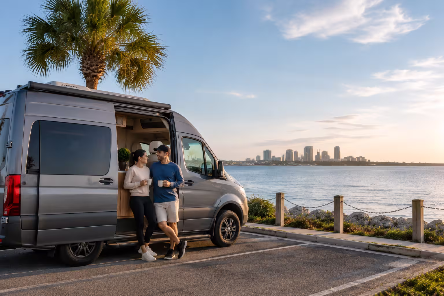 Class B campervan rental at a Gulf Coast overlook near Tampa
