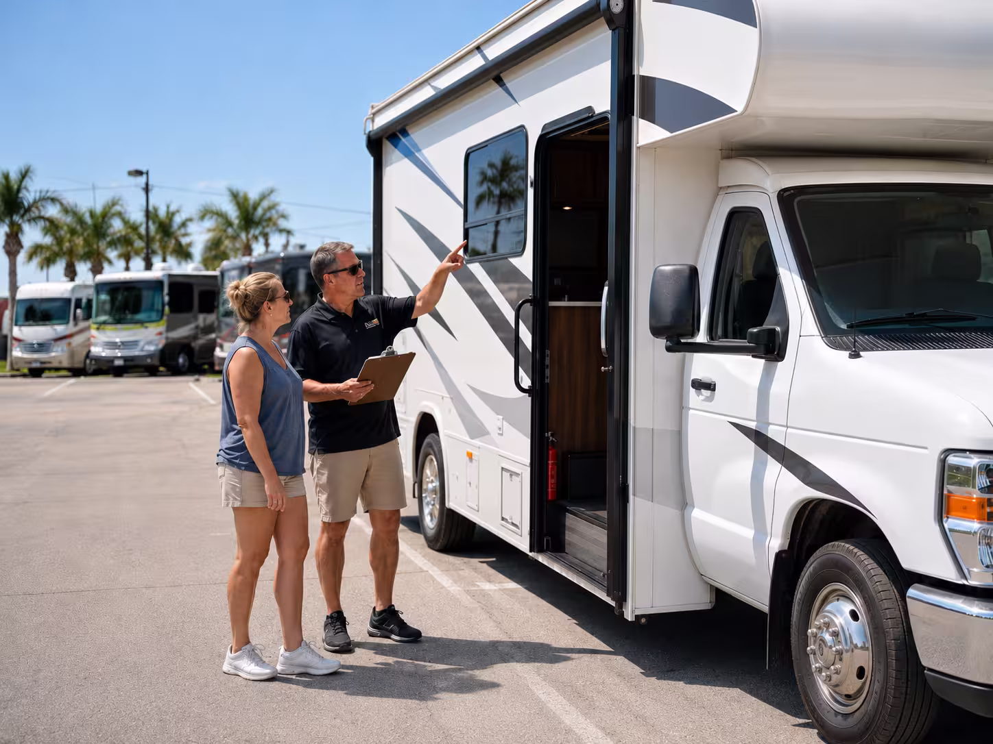 Manager showing a Class C motorhome at the Tampa pickup lot