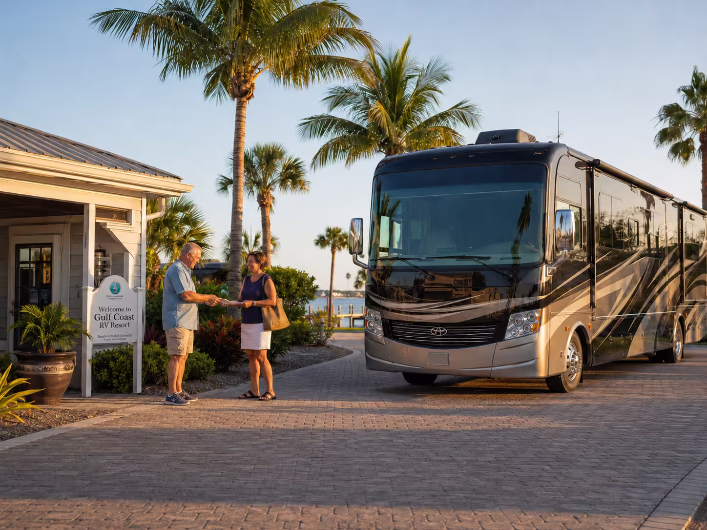 Luxury motorhome at a Gulf Coast RV resort near Tampa
