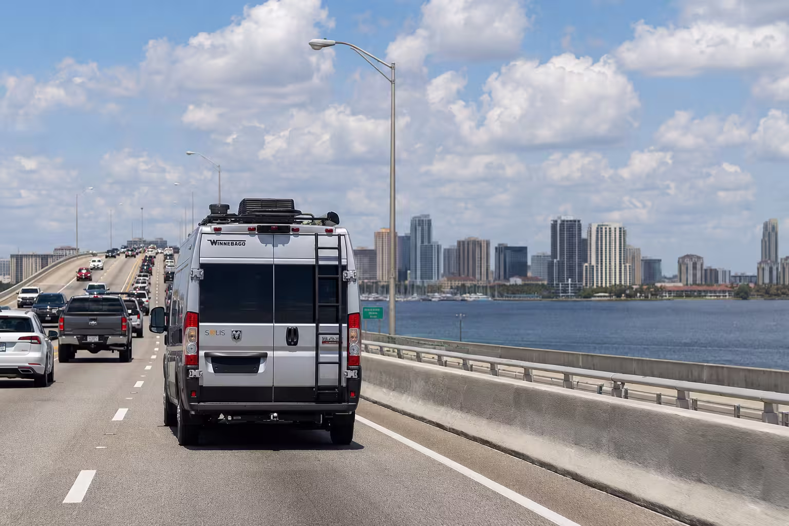 Class B camper van crossing a Tampa Bay bridge
