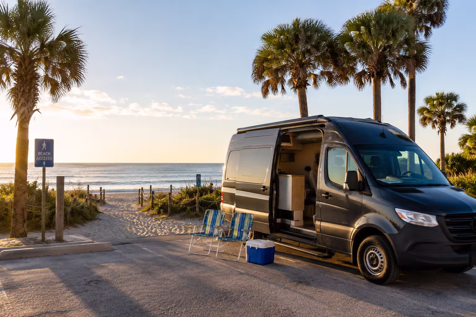 Camper van parked near a Tampa Gulf beach access