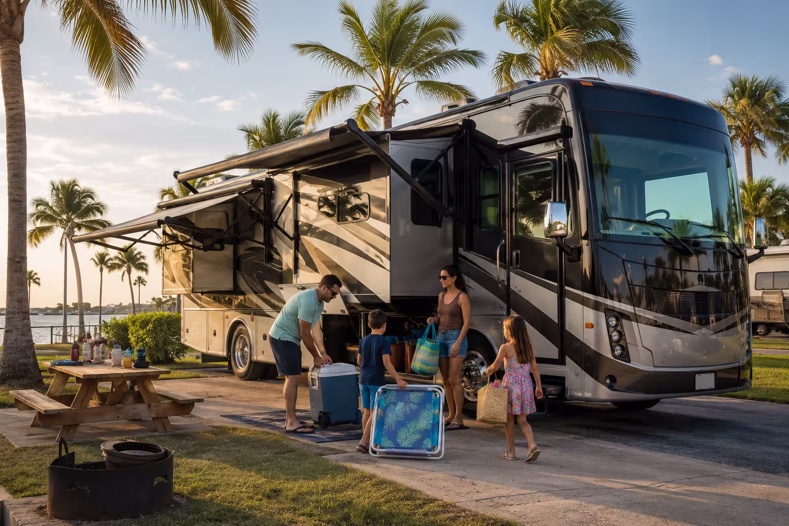 Large RV rental parked at a Tampa Bay RV park