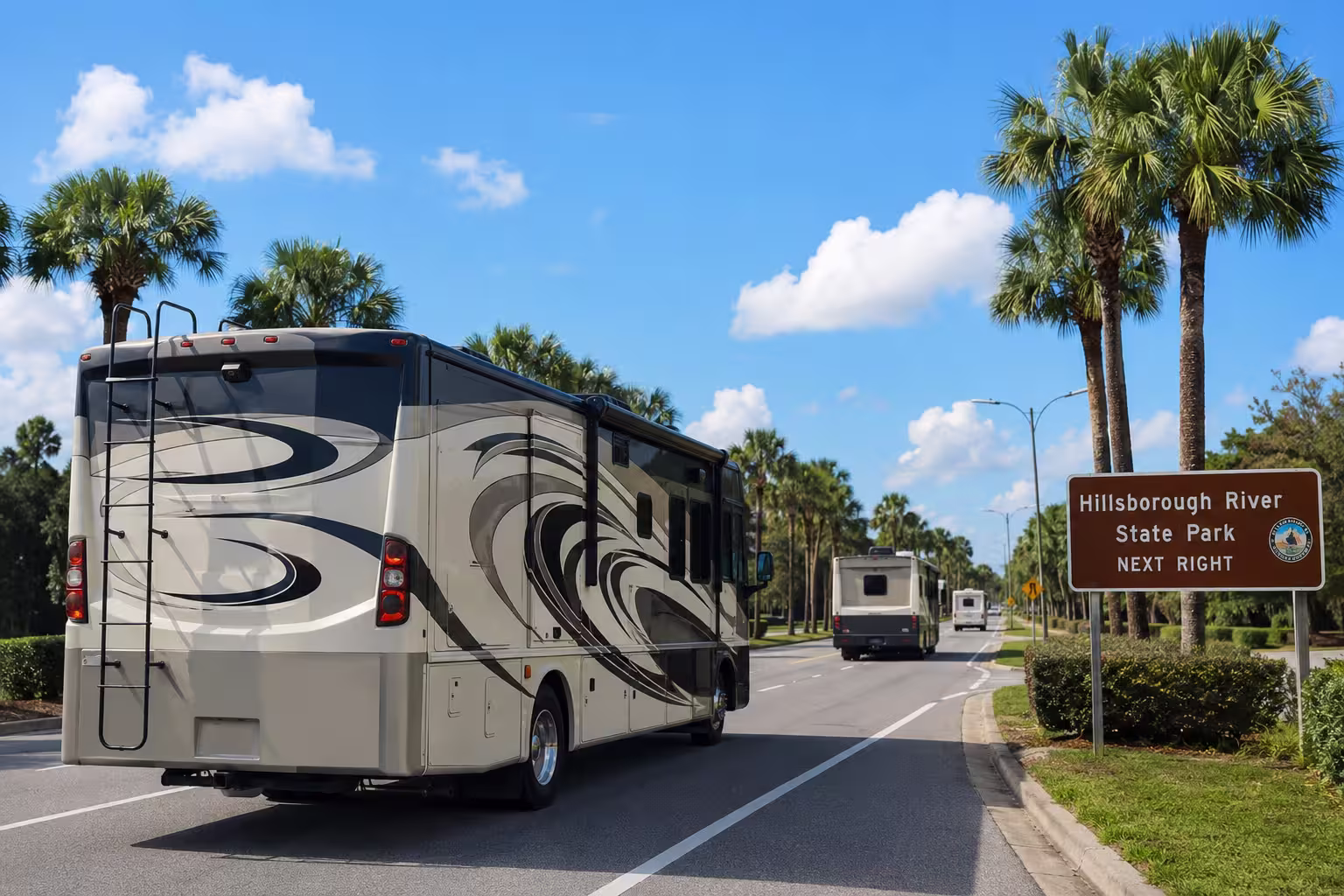 Large RV driving toward a Tampa area state park