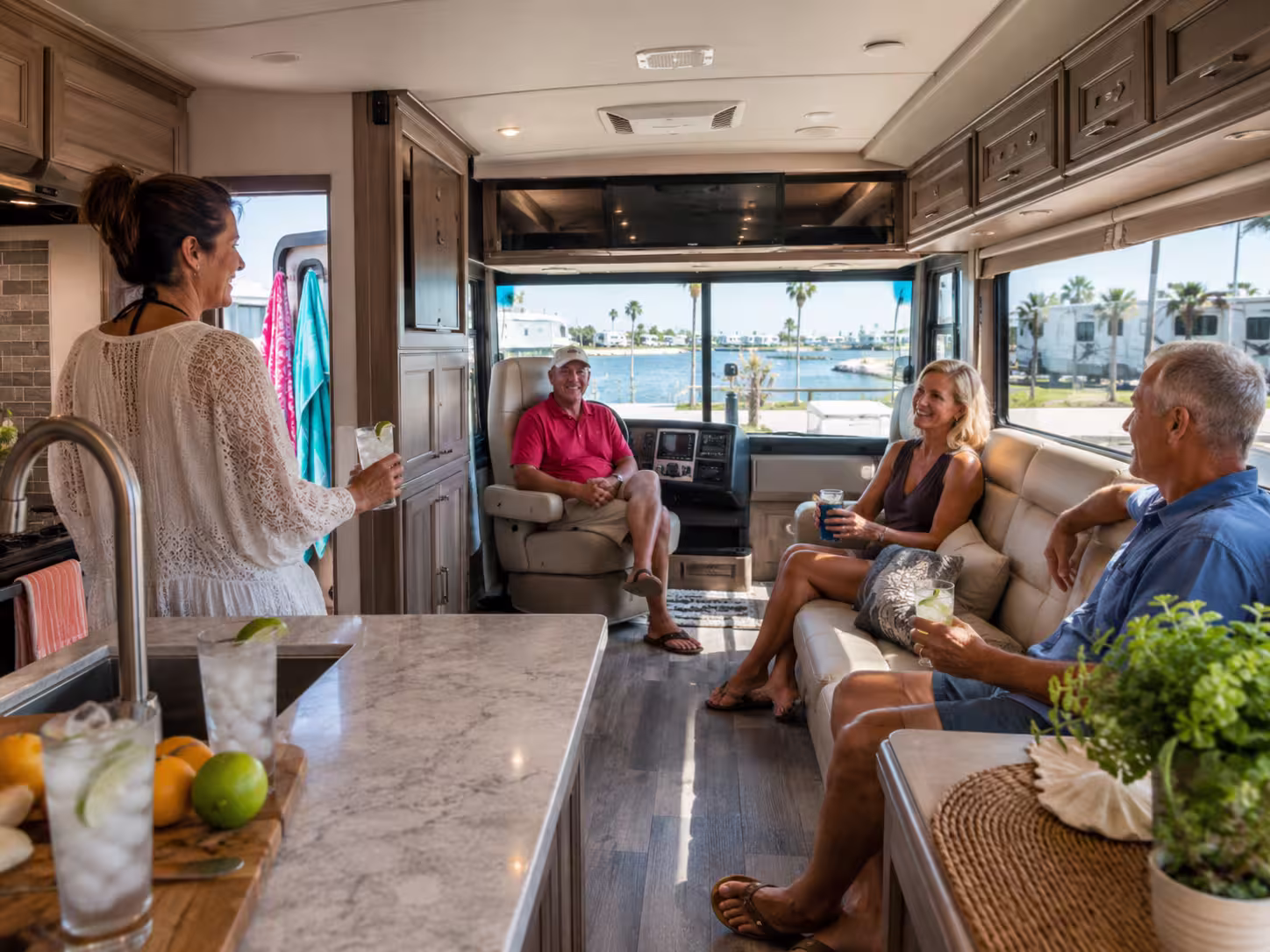 Group relaxing inside a Class A motorhome in Tampa Bay