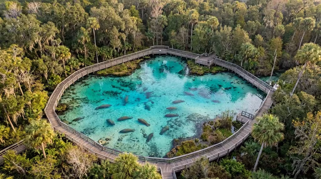 Turquoise waters of Three Sisters Springs in Crystal River with manatees below the boardwalk