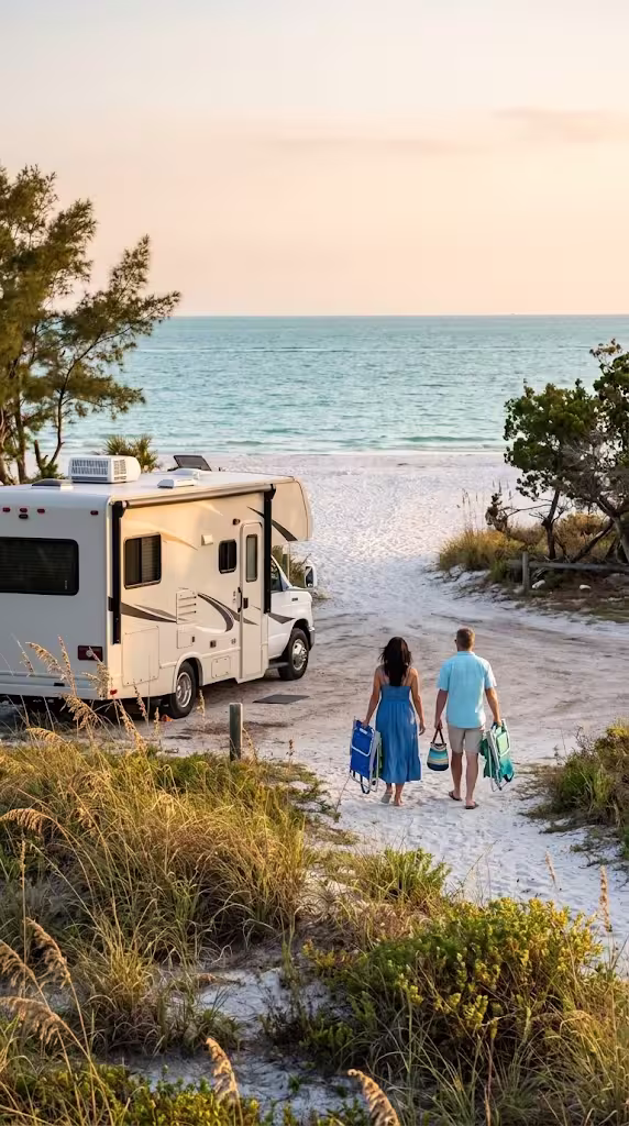 Rental motorhome near the dunes at Fort De Soto Park with travelers walking to the Gulf beach