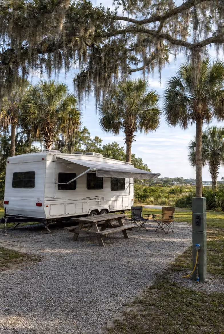 Travel trailer set up at a campsite with hookups near Indian Rocks Beach, Florida