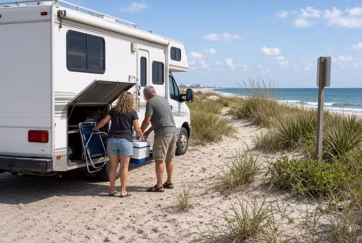 Couple unloading beach gear from a motorhome near Indian Rocks Beach, Florida