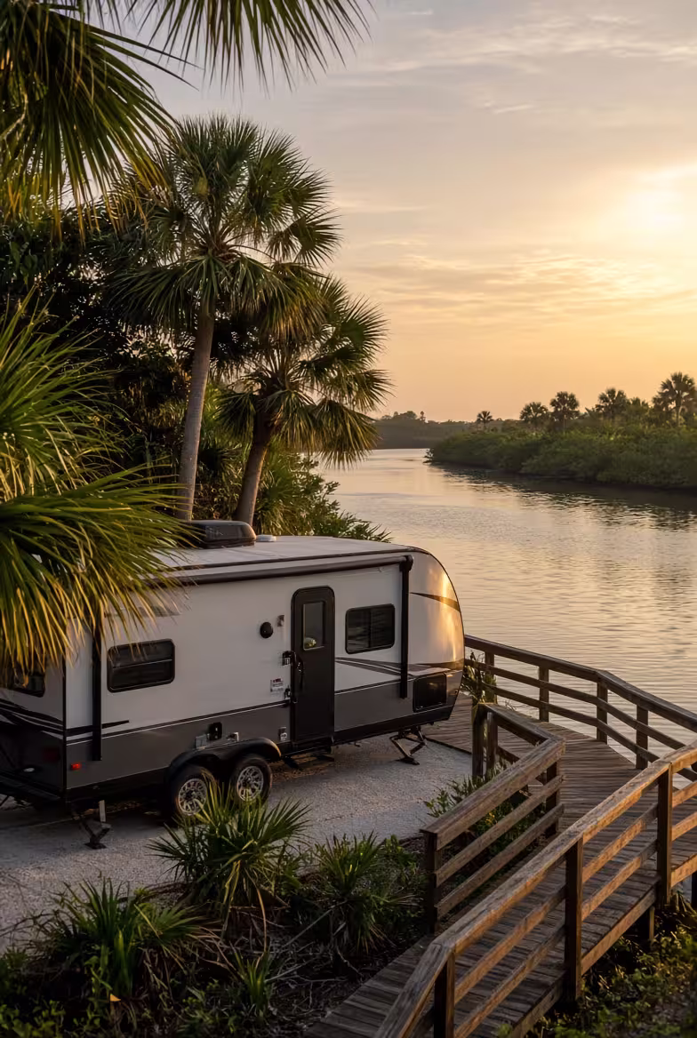 Travel trailer parked by a mangrove waterfront near Indian Rocks Beach, Florida