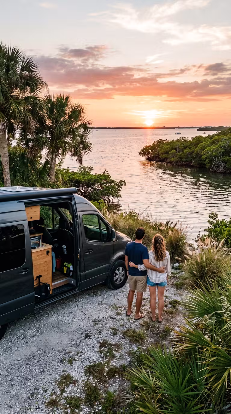 Campervan at a Tampa Bay overlook near Ruskin Beach at sunset