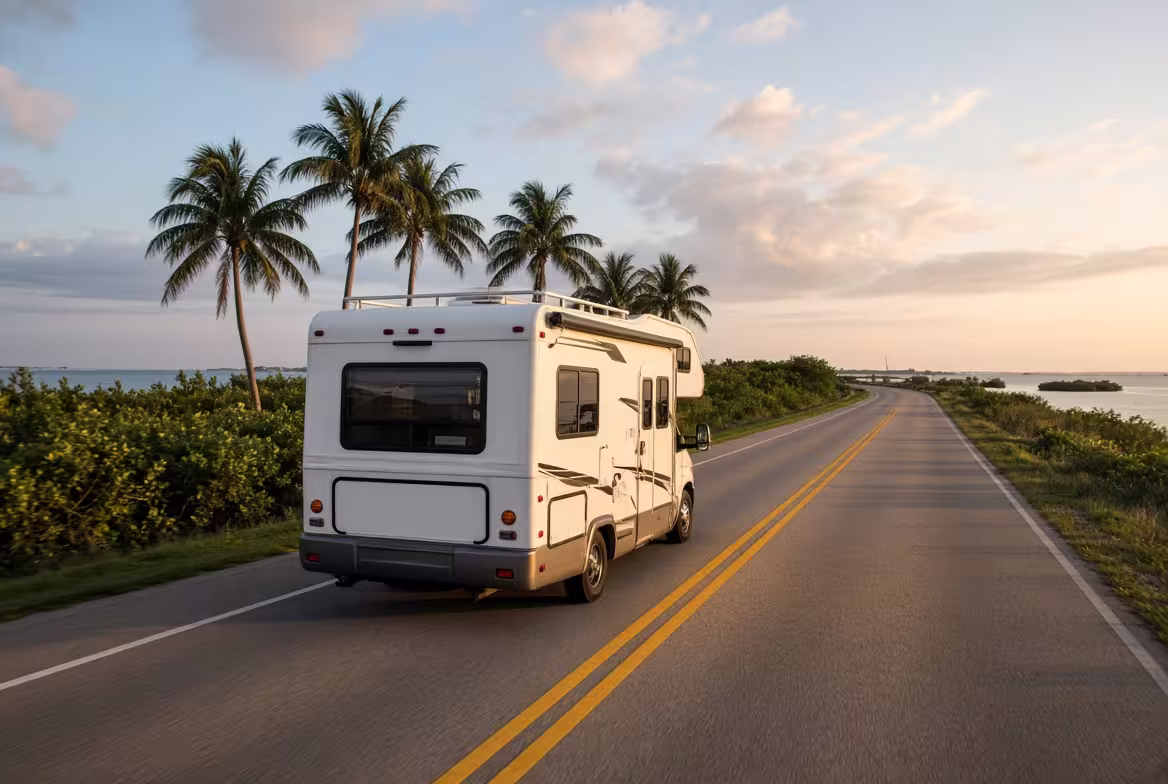Class C motorhome driving a coastal highway near Apollo Beach, Florida with Tampa Bay in the distance