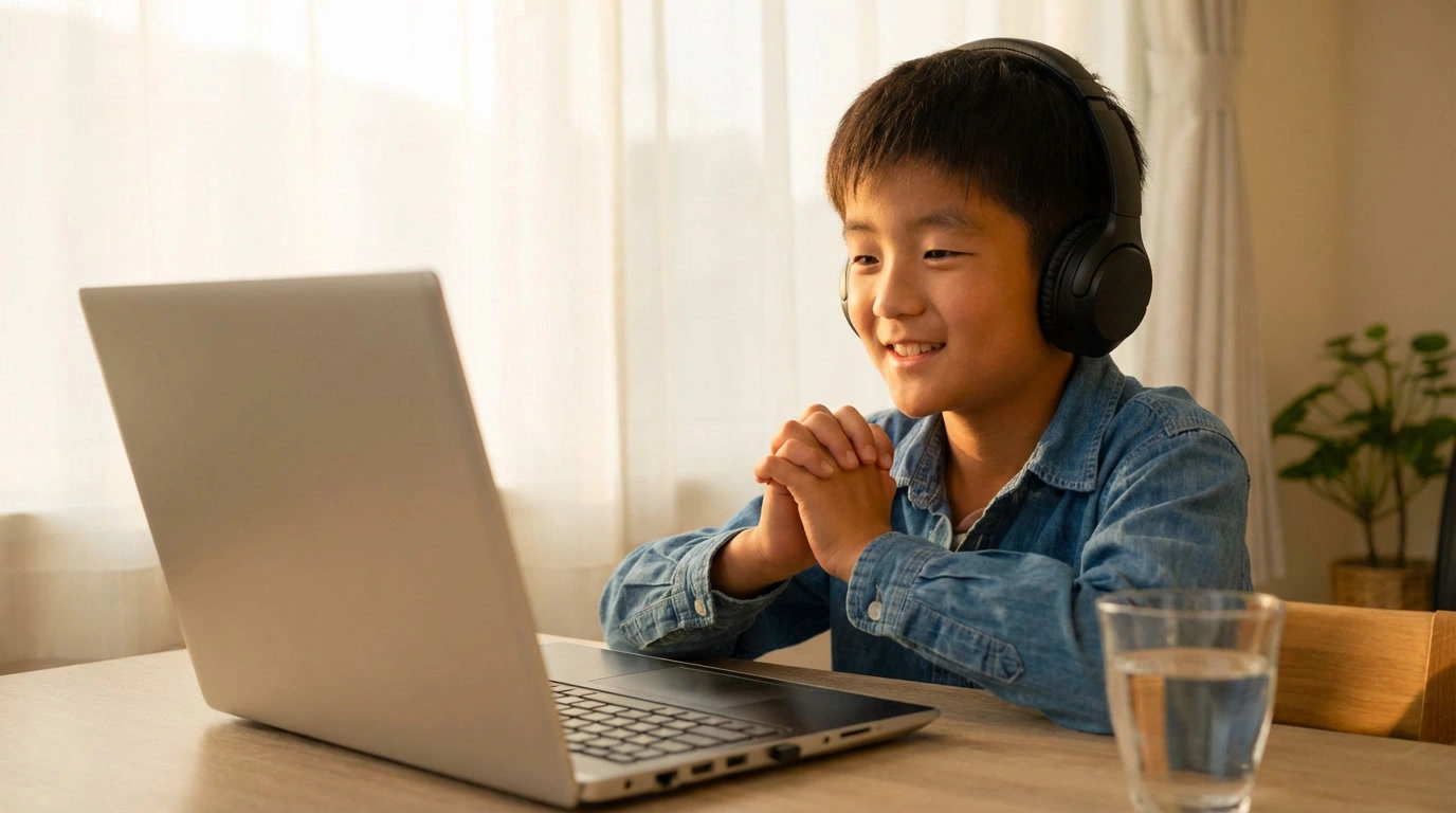 photo d'un enfant qui suit son cours de langue à distance