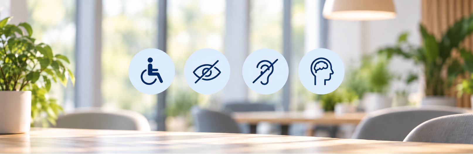 Pictogrammes d’accessibilité des formations CERAN : handicap moteur, visuel, auditif, besoins cognitifs, formation sur place, en entreprise et à distance.