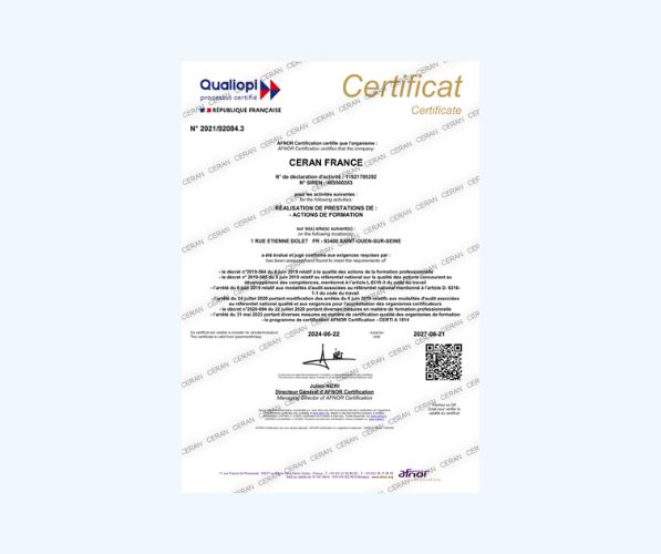 Certificat Qualiopi de CERAN France délivré par AFNOR Certification, valable jusqu’au 1er juin 2027.