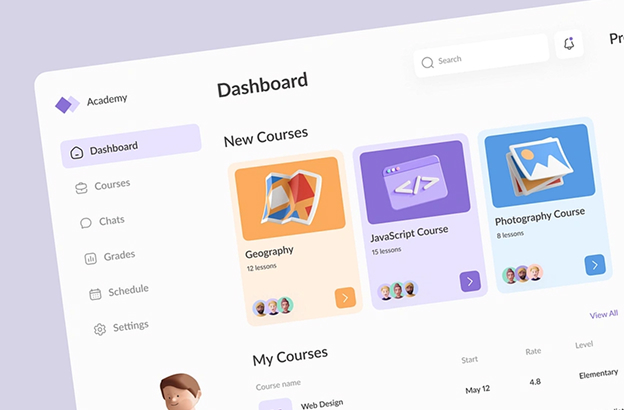 E-learning dashboard interface showing new courses in Geography, JavaScript, and Photography with icons and lesson counts.