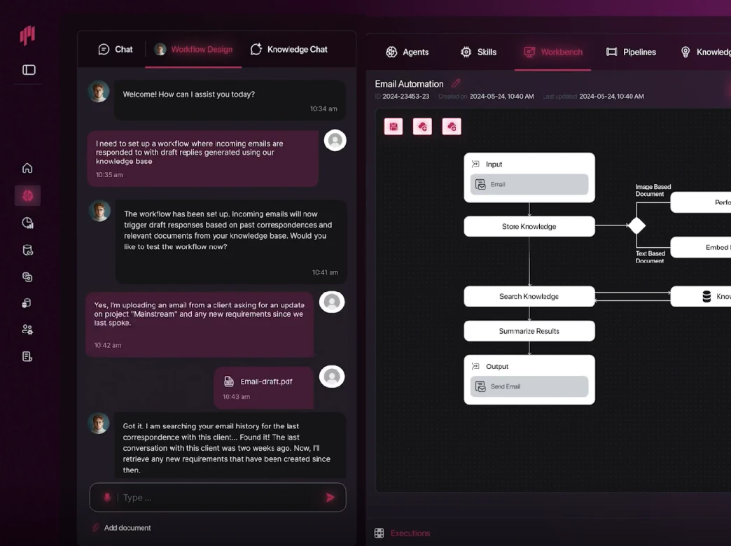 An image of the platform's chat interface, where the user can query an agent to conduct RAG on the documents in Knowledge Stores, as well as query the agent to generate and interrogate ETL workflows and mappings.