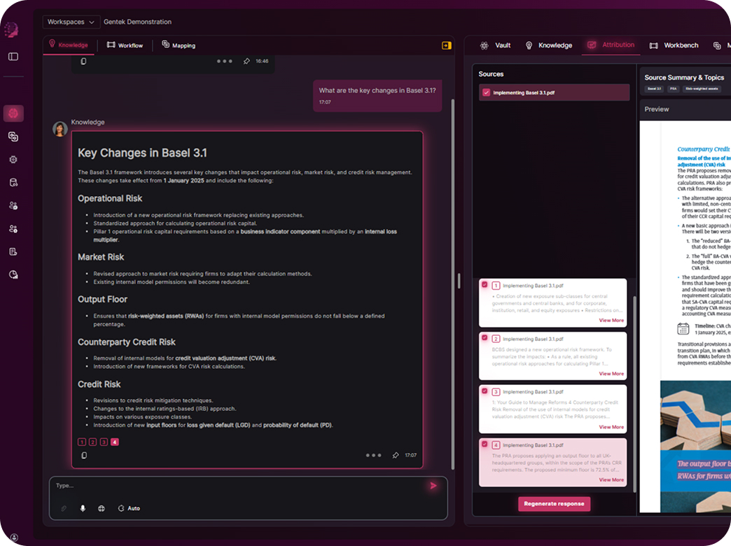 An image showing attribution for a response given by the agent in the chat. In response to the user's query, the agent has pulled information from documents in the Knowledge Stores (vector stores) and used RAG to provide the user with an attributed answer. In a pane to the right-hand side of the chat, the user sees the exact portions of the relevant documents that the agent has employed to support its answer. The relevant sections of text are highlighted in the original PDF that was uplaod to the vector store.