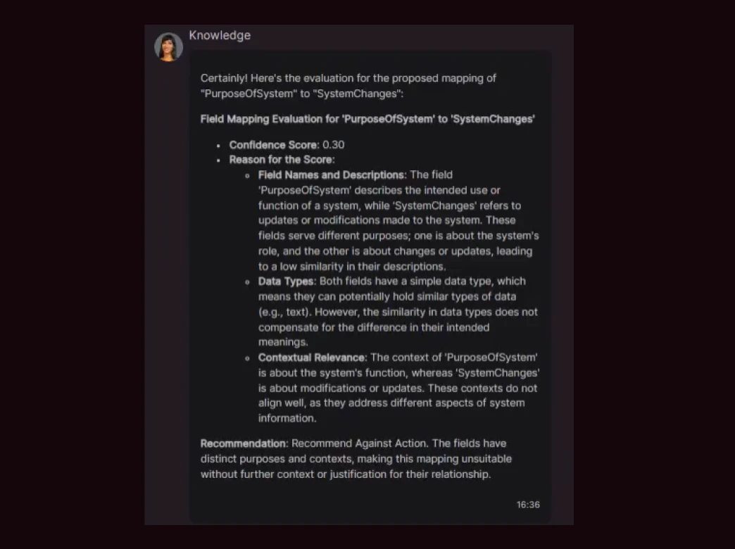 An image showing the agent's response to a user's query regarding an agent-generated mapping. The agent explains its decision process and the justification behind the mapping confidence score.