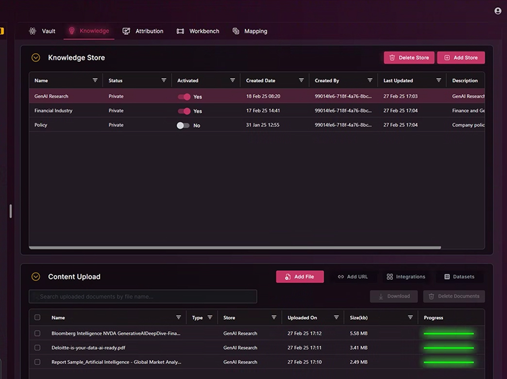 Image of the Knowledge Store UI. The Knowledge Store is a RAG vector store. The image shows the user's ability to toggle chat access to Knowledge Stores, manage the files uploaded to the vector store, create agentic Deep Research reports and connect external websites as sources in the store.