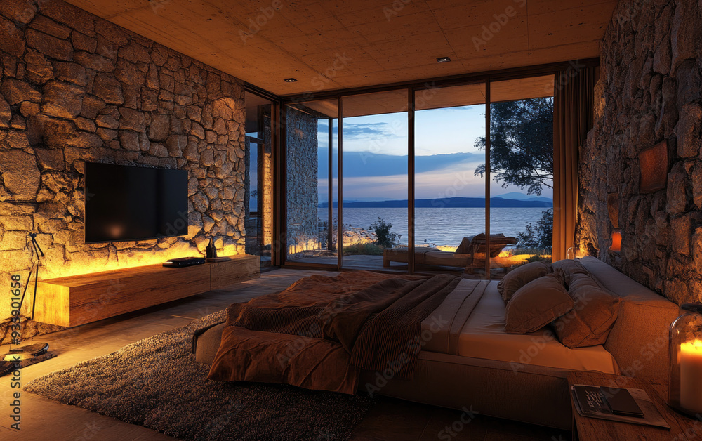 Gemütliches Schlafzimmer mit Steinenwänden, großem Bett und Blick auf einen See bei Sonnenuntergang durch eine Glaswand.