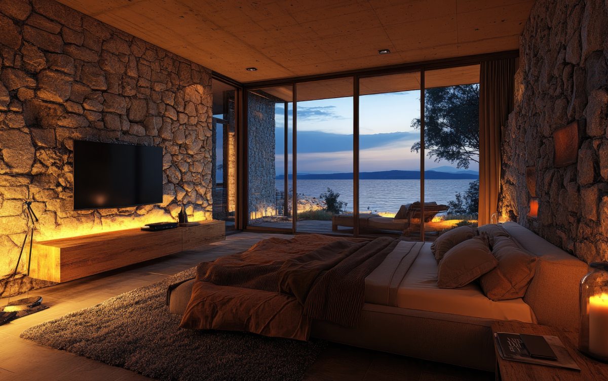 Gemütliches Schlafzimmer mit Steinenwänden, großem Bett und Blick auf einen See bei Sonnenuntergang durch eine Glaswand.