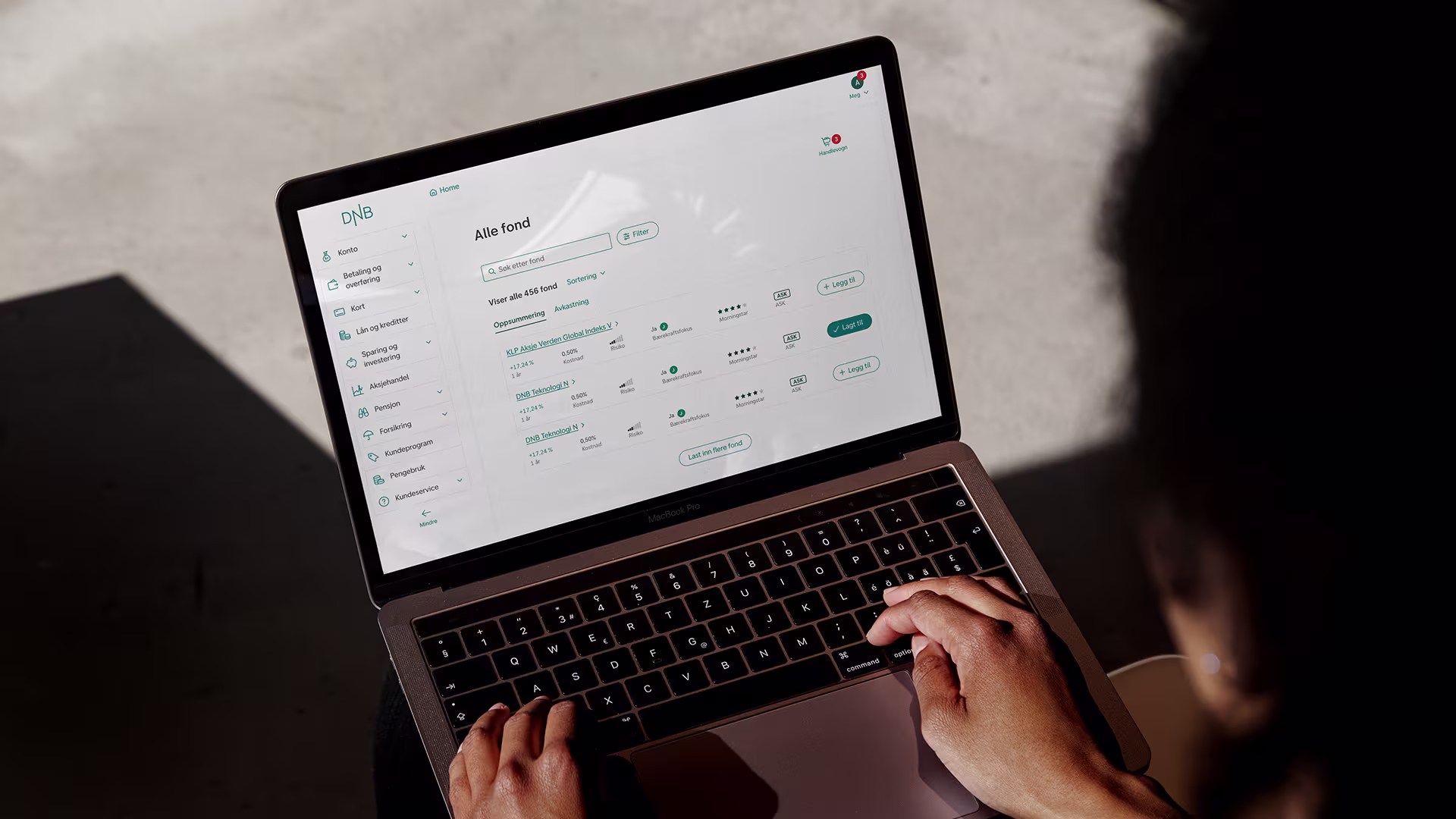DNB digital savings app interface showing investment portfolio
