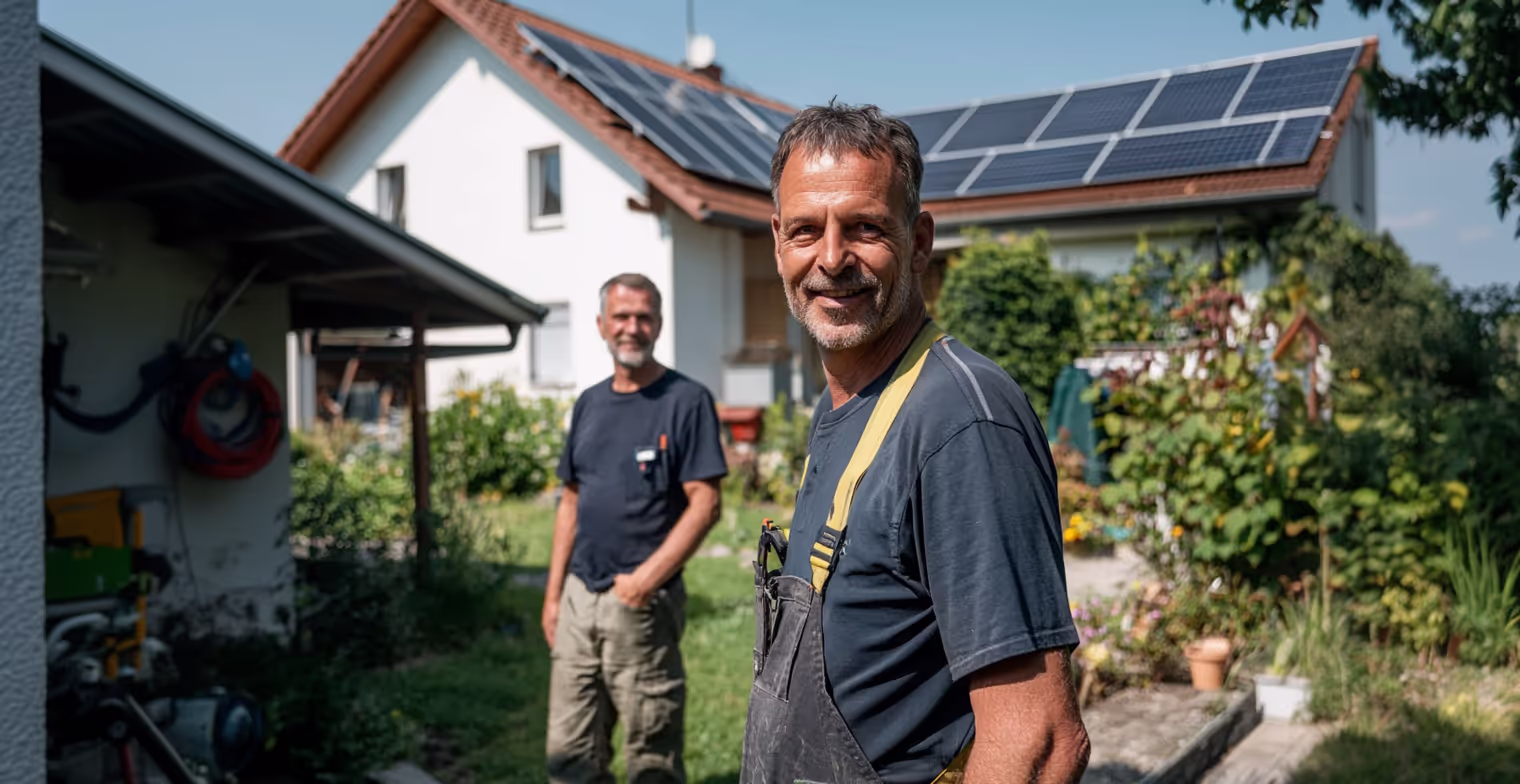 Zwei Handwerker stehen vor einem Haus mit Solarpaneelen auf dem Dach