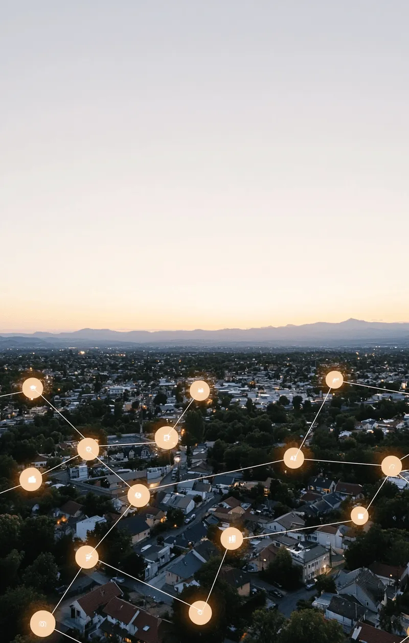 Landschaft mit Häusern, durchzogen von leuchtenden Verbindungslinien und Lichtpunkten.