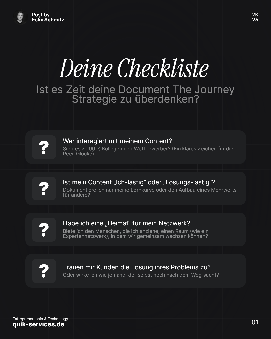 Infografik Checkliste von Felix Schmitz: Ist es Zeit, deine Document The Journey Strategie zu überdenken? Vier entscheidende Fragen zu Interaktion, Content-Fokus und Kundenvertrauen, um den Pivot aus der Business-Friendzone zu schaffen.