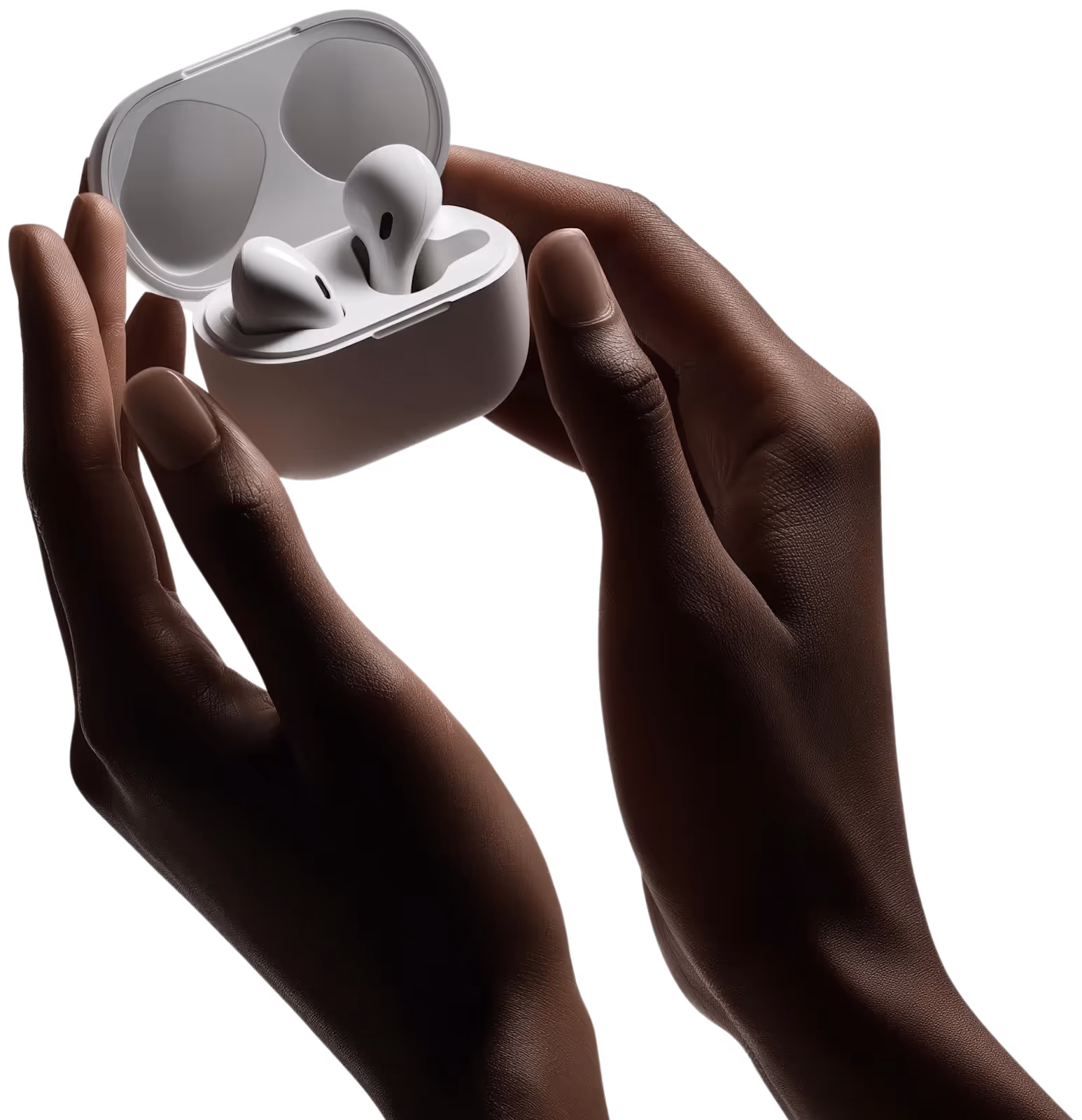Two dark-skinned hands holding a white open case with wireless earbuds against a purple and white abstract background.