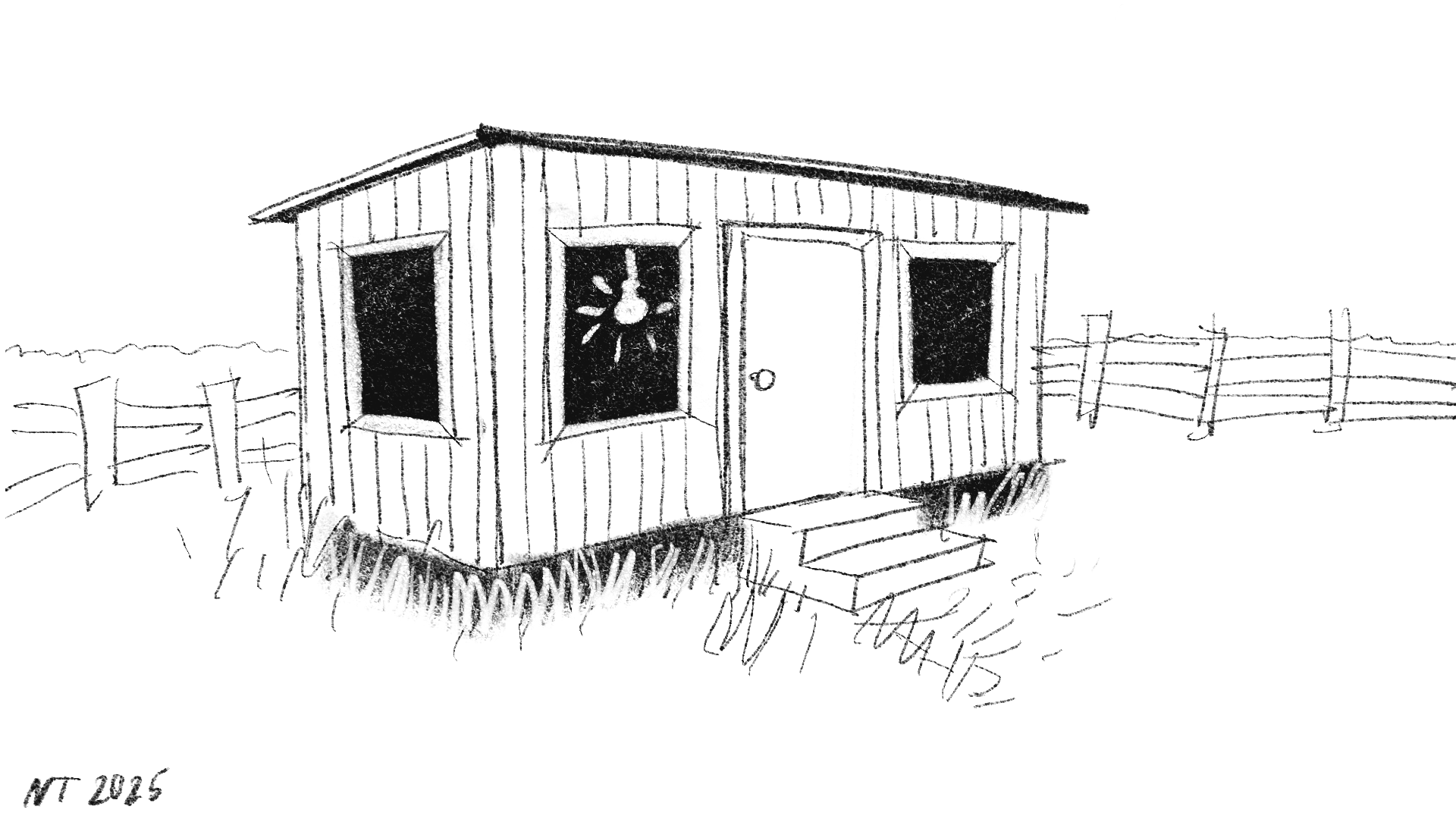 The bare house with a loading spinner on the door, empty windows, a fence, steps, but no signs of life.