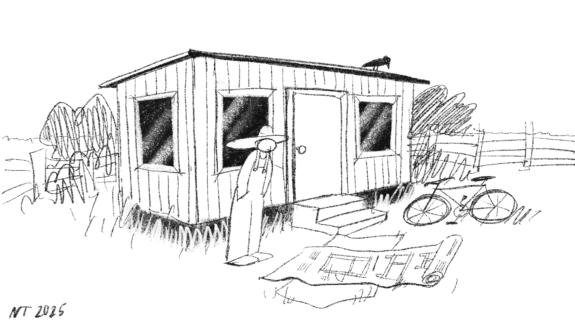 The same house, now surrounded by activity. A person in a hat stands at the entrance examining the building. Blueprints and papers are spread on the ground nearby, a bicycle leans against the fence, and a bird perches on the roof — a scene of careful study before any finishing work begins.