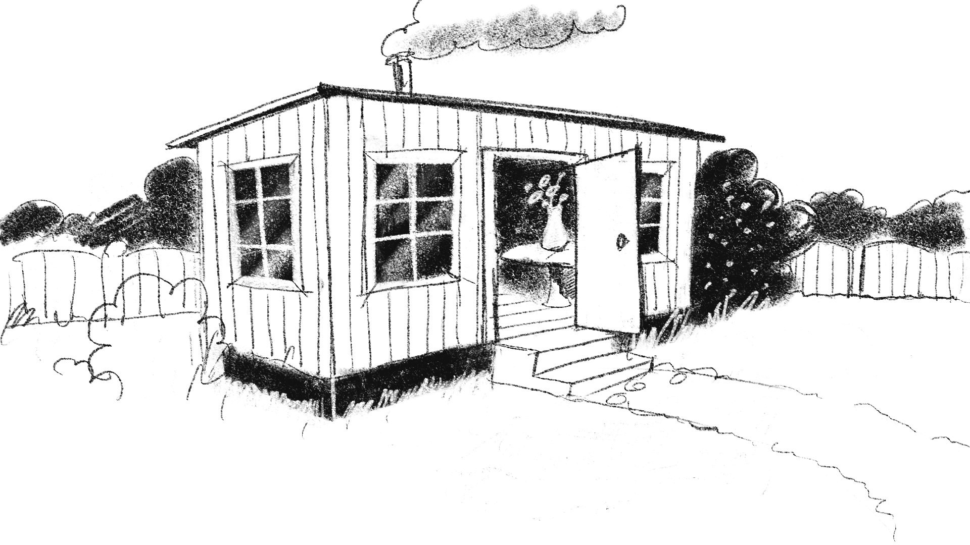 The same house, now alive. Smoke rises from the chimney, lush bushes and plants frame the walls, the front door stands open, and a person is visible inside through the window near a hanging lamp. The structure is identical, but every detail signals warmth and care.